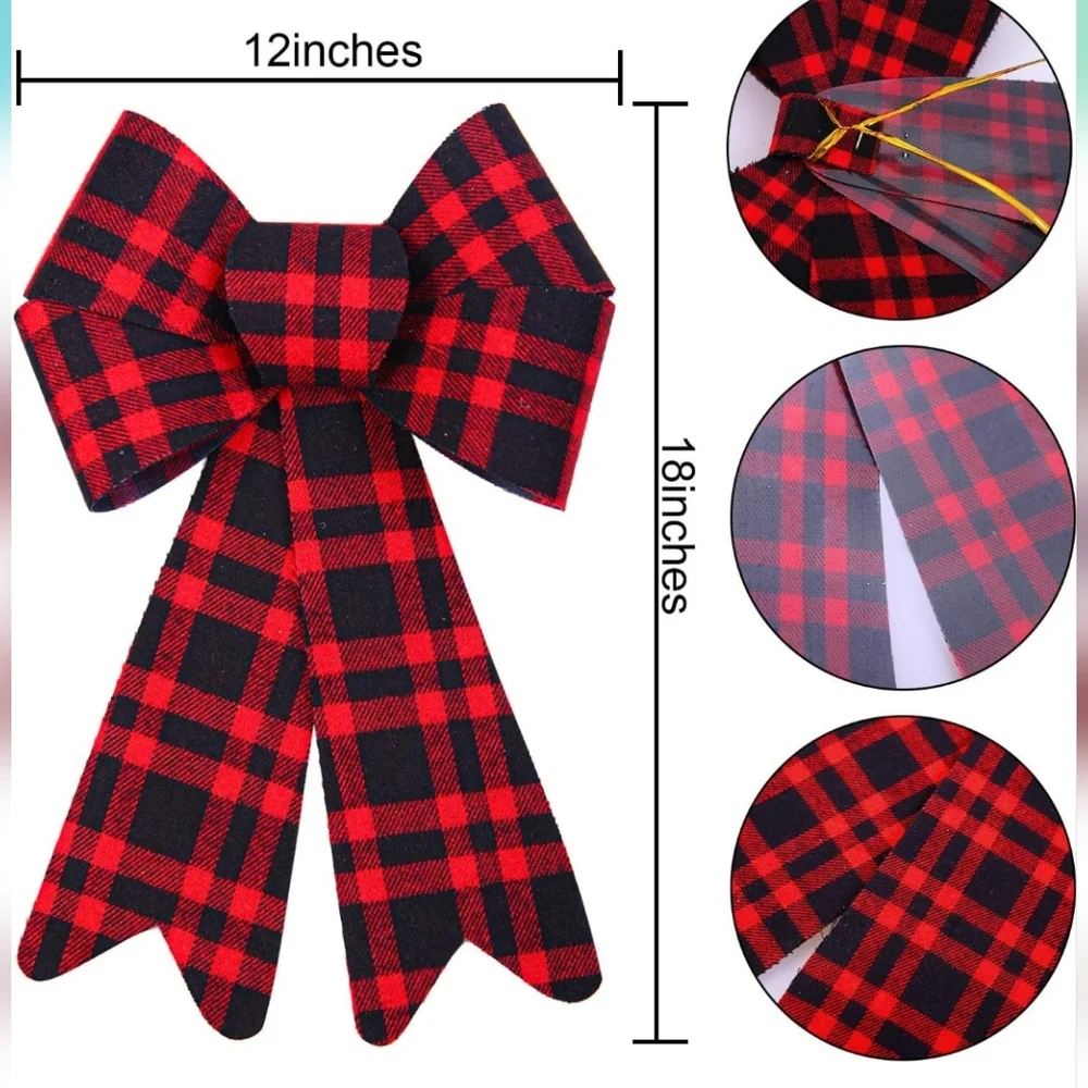 2 Pack Red Black Buffalo Plaid Bow 12 x 18 Christmas Bows Wreaths Tree Garland